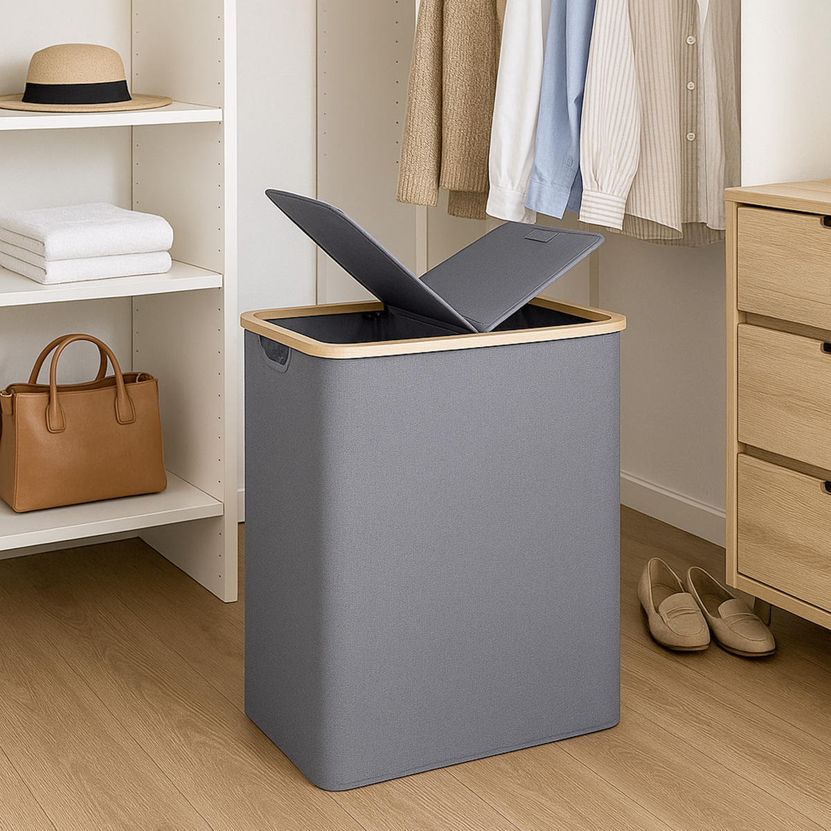WÄSCHEKORB mit 2 Fächern 34x54x65cm - Grau, Textil (65/65/34cm) - Bestlivings