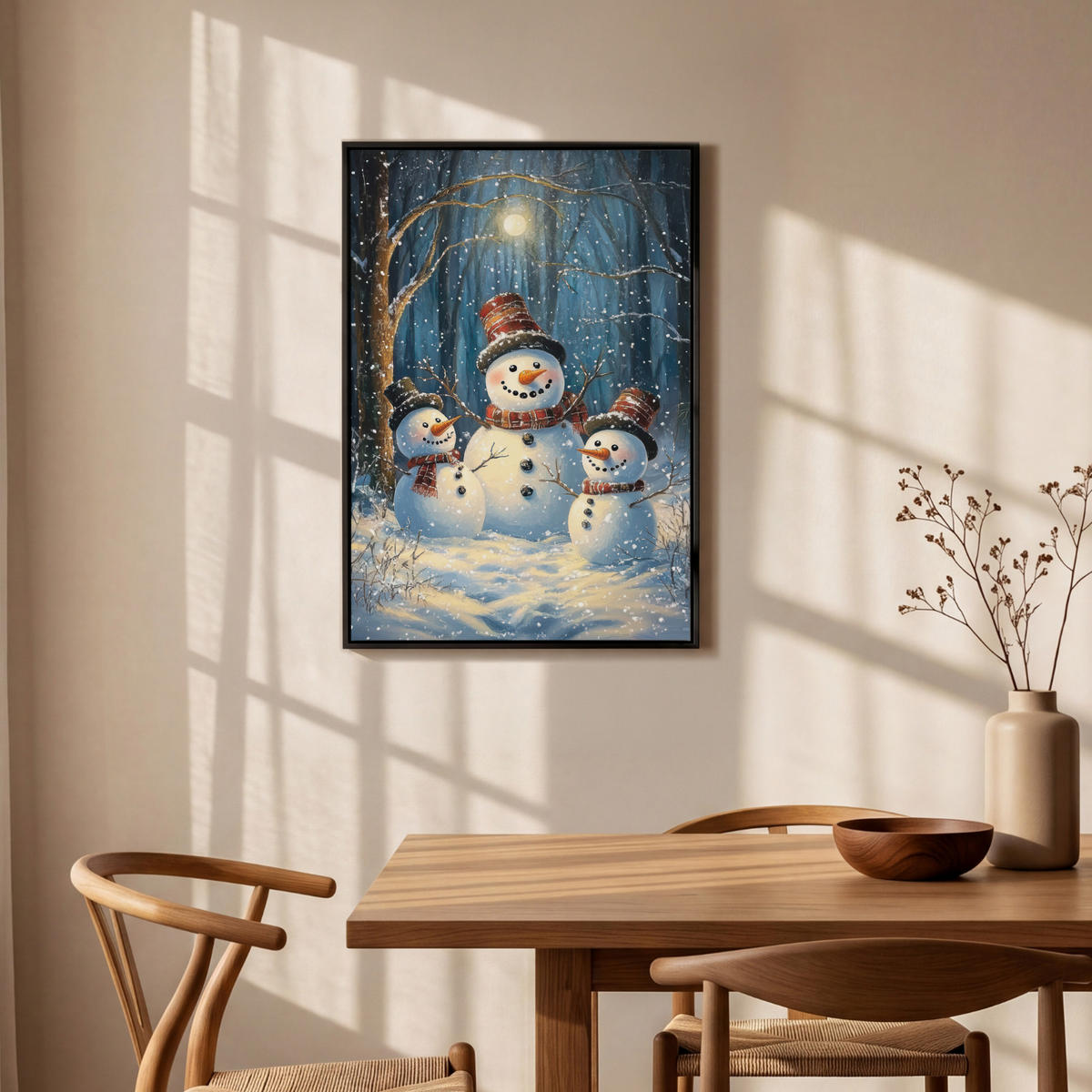 LEINWAND Bilder mit Rahmen - Schneemann - Schnee - Winter - Wald - 60x90 - Hellblau, Textil (60/90cm) - MuchoWow