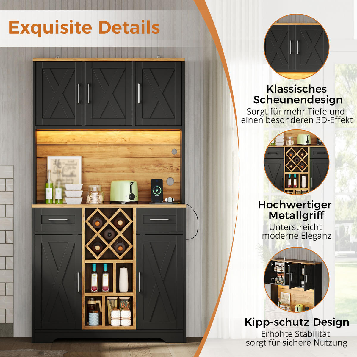 BUFFET DE-38734 105/40/180 cm LED-Beleuchtung und Weinregal Schwarz - Schwarz, Holzwerkstoff (105/180/40cm) - ComfortXL