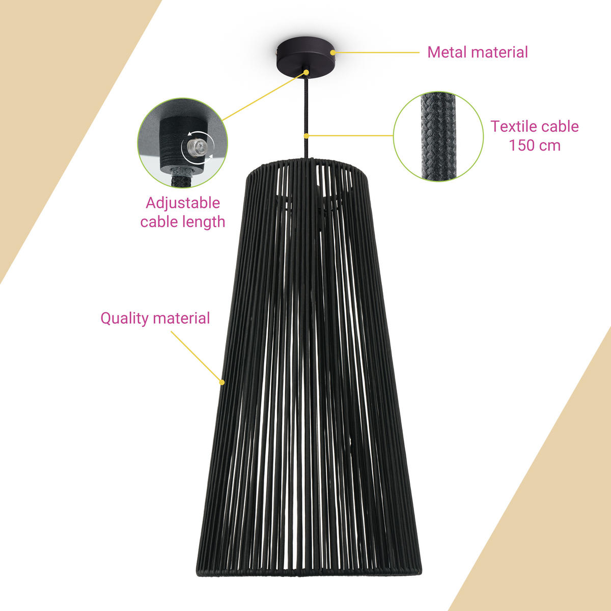 PENDELLEUCHTE Hugo Pd1 Mayve - Schwarz, Metall (32/32/60cm) - Paco Home