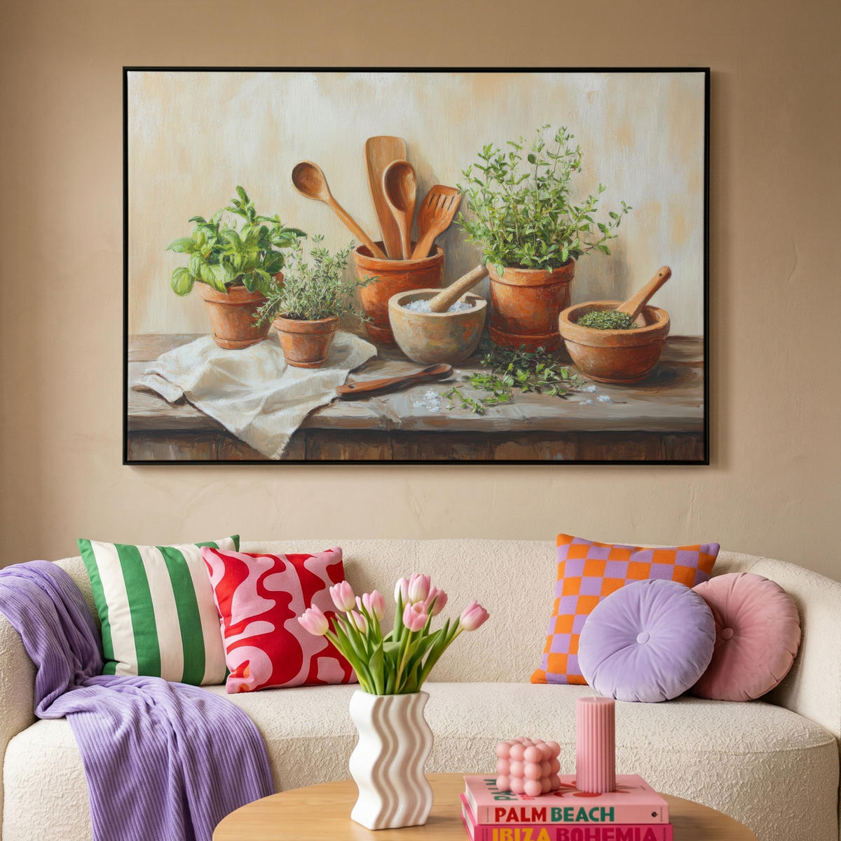 LEINWAND Bilder mit Rahmen - Töpfe - Kräuter - Holz - 150x100 - Terracotta, Textil (150/100cm) - MuchoWow