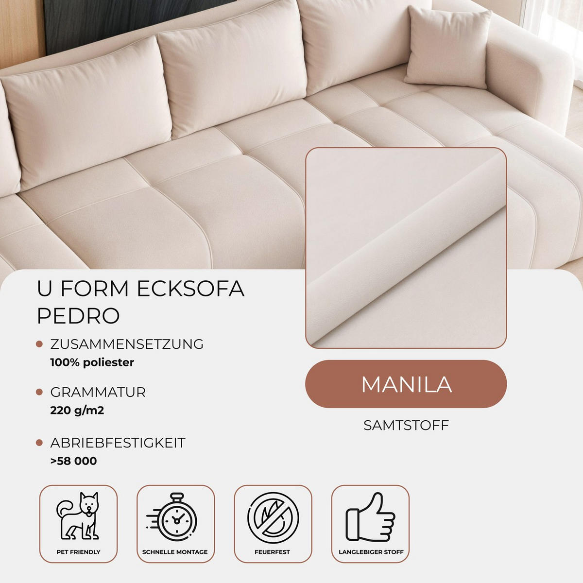 WOHNLANDSCHAFT U-Form Velours mit Bettkasten und Schlaffunktion - Creme, Holzwerkstoff/Textil (318/79/145cm) - Idohome
