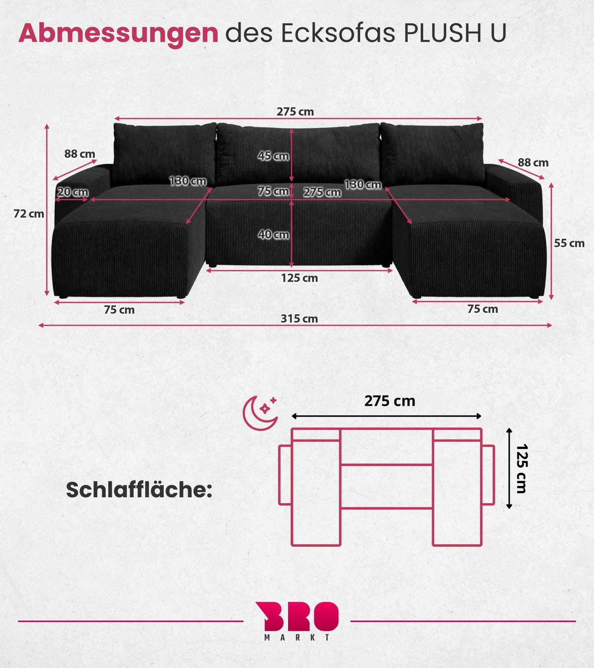WOHNLANDSCHAFT Plush mit Schlaffunktion Schwarz Cord - Schwarz, Kunststoff/Textil (315/72/145cm) - Bromarkt