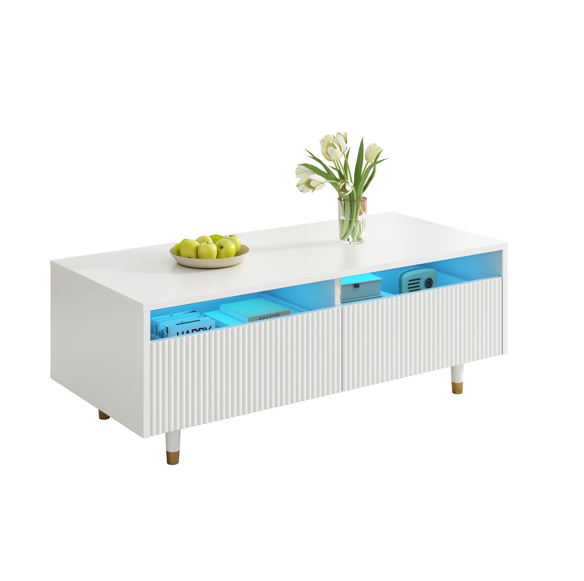 COUCHTISCH 110/50/40 cm weiß aus MDF mit LED-Beleuchtung und Schubladen - Weiß, Holzwerkstoff (100/50/40cm) - OKMYHOME