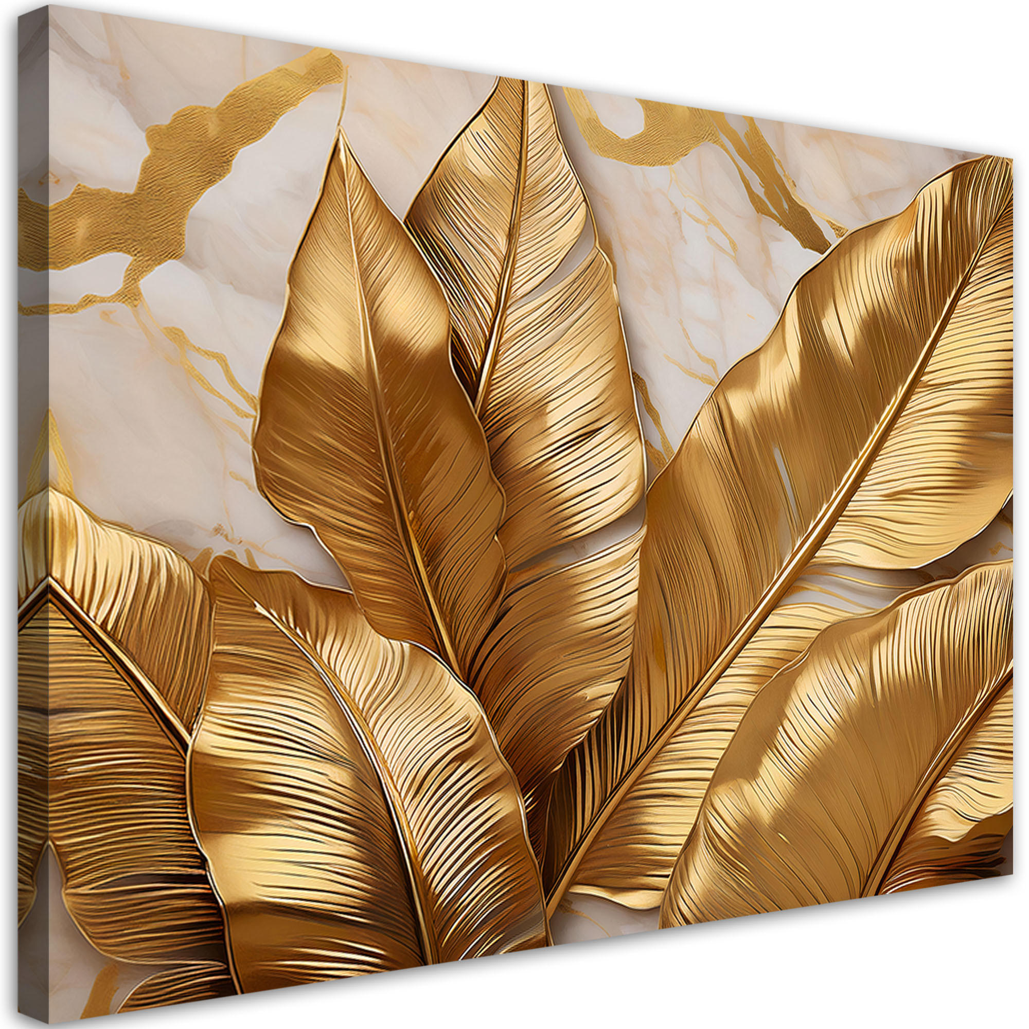 WANDBILD goldene blätter auf marmorhintergrund abstrakt - Goldfarben, Textil (60/40cm) - Feeby