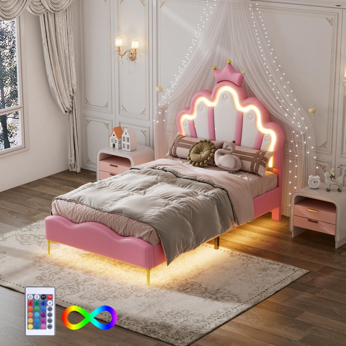 KINDER-POLSTERBETT 90x200 cm Princess Dream mit Kronen-Kopfteil und intelligenter RGB-LED, Kunstleder Pink & Weiß - Pink, Textil (90/200cm) - DELFA