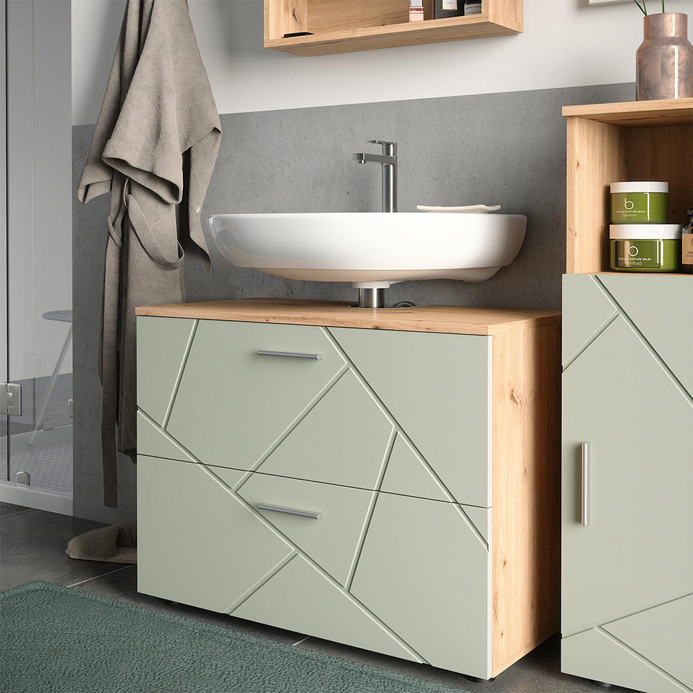 Thumbnail - Vicco Waschbeckenunterschrank, Salbeigrün, Hellgrau, Holzwerkstoff, 2 Fächer, 2 Schubladen, Rechteckig, 80x58.6x41 cm, B...