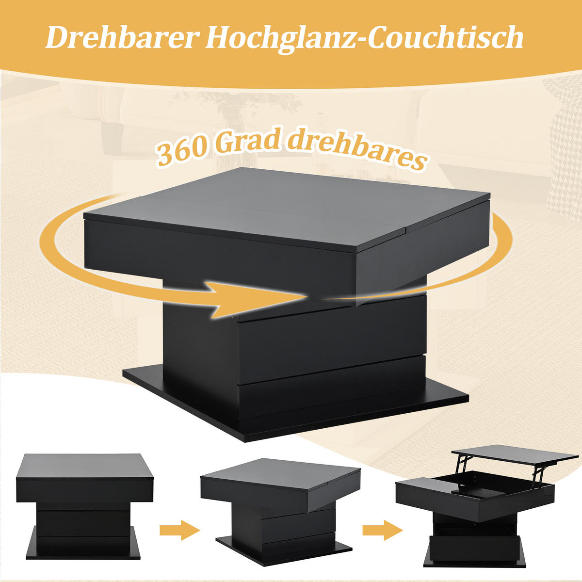 COUCHTISCH 70x70 Hochglanz Drehbar 1 Schublade Schwarz - Schwarz, Holzwerkstoff (70/70/45cm) - FLIEKS