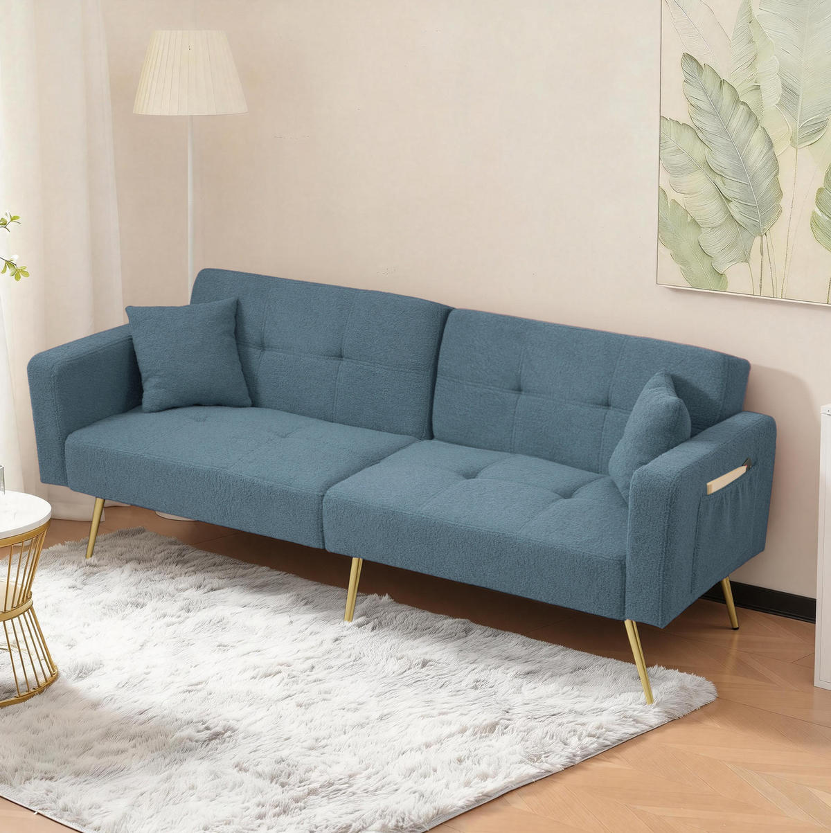 SCHLAFSOFA Lammwollstoff mit Bettfunktion und Seitentaschen Antikblau 175/64/72 cm - Blau, Textil (64/72/175cm) - Redom