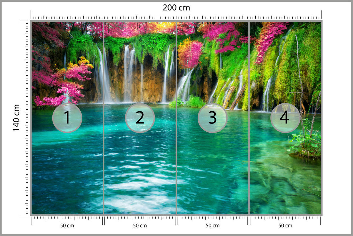 FOTOTAPETE für Küche Exotischer Wasserfall Bäume Pflanzen Tropisch 200x140 - Türkis/Violett, Papier (200/140cm) - Muralo