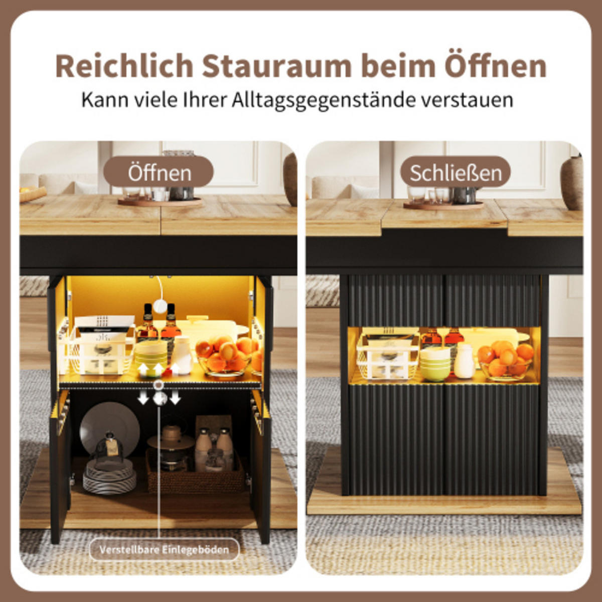 AUSZIEHBARER Esstisch 110-140×80×76 cm aus MDF und Metall mit Stauraum und integrierter LED-Beleuchtung, schwarz - Schwarz, Holzwerkstoff (140/80/76cm) - Luhomfu