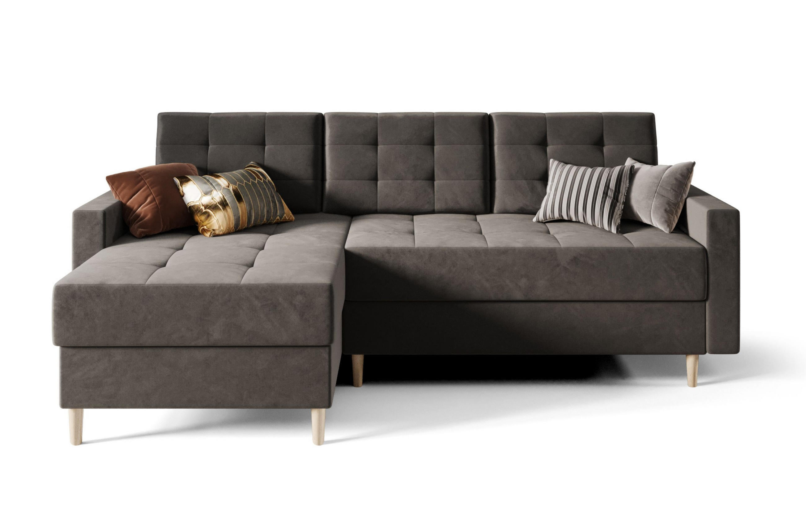 ECKSOFA BARI RN01, Eckcouch in L-Form mit Schlaffunktion, Farbe: Grau, Velourstoff, Ottomane Links - Grau, Textil (224/144cm) - O-Sofa