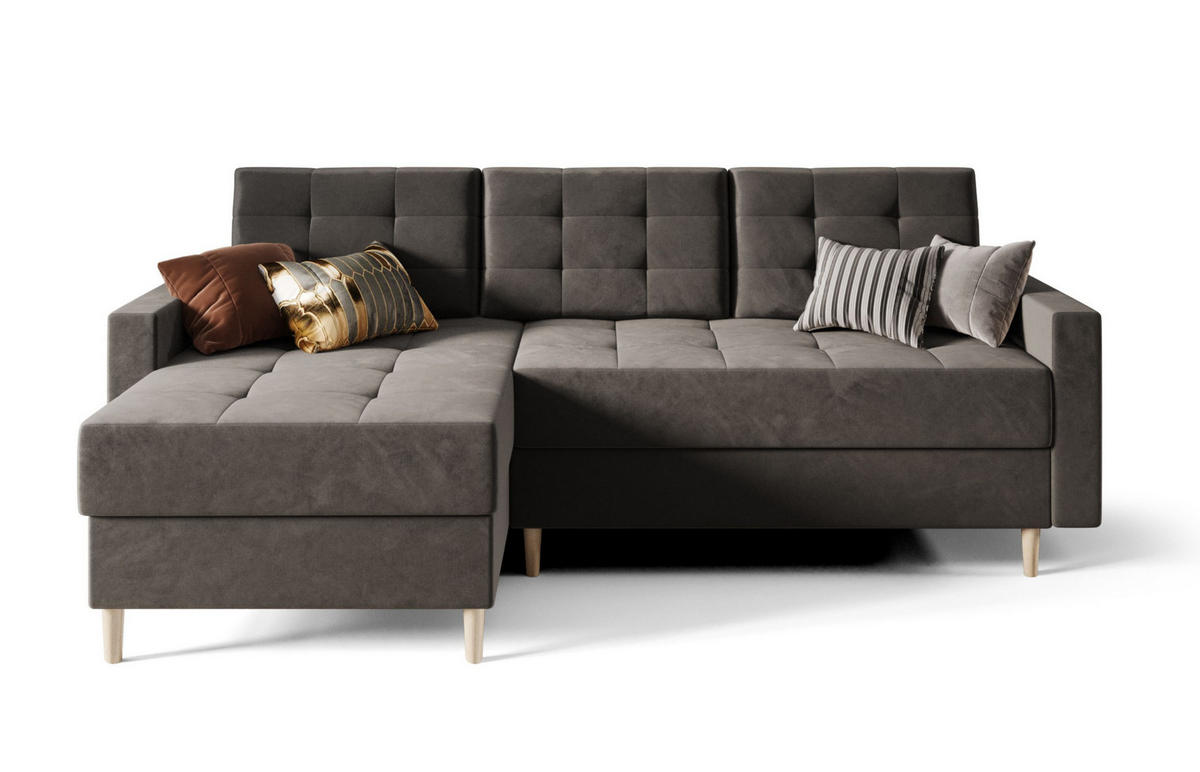 ECKSOFA BARI RN01, Eckcouch in L-Form mit Schlaffunktion, Farbe: Grau, Velourstoff, Ottomane Links - Grau, Textil (224/144cm) - O-Sofa