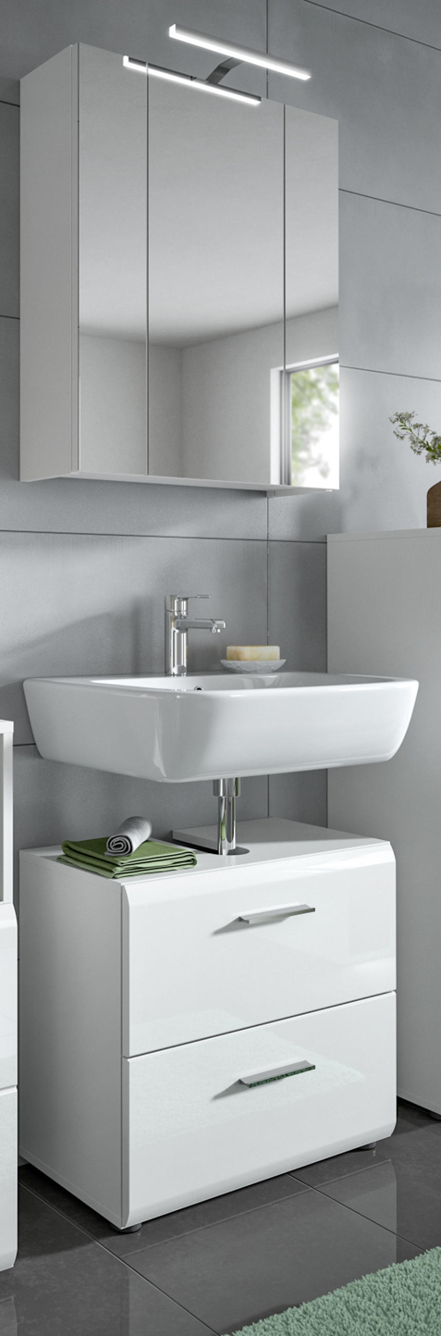 BADMÖBEL-SET weiß Hochglanz, Badkombination 2-teilig 60 cm - Weiß Hochglanz/Silberfarben, Glas/Holzwerkstoff (60/185/30cm) - Inn.Furn