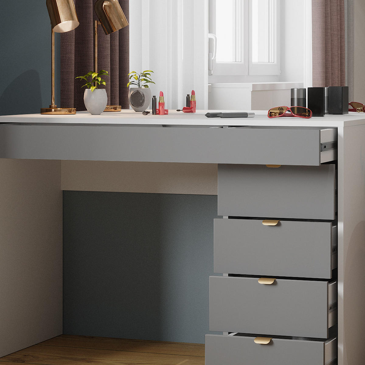 SCHMINKTISCH Elise Weiß/Grau/Grau 115 cm mit Spiegel - Weiß/Grau, Holzwerkstoff (115/76/55cm) - Vicco