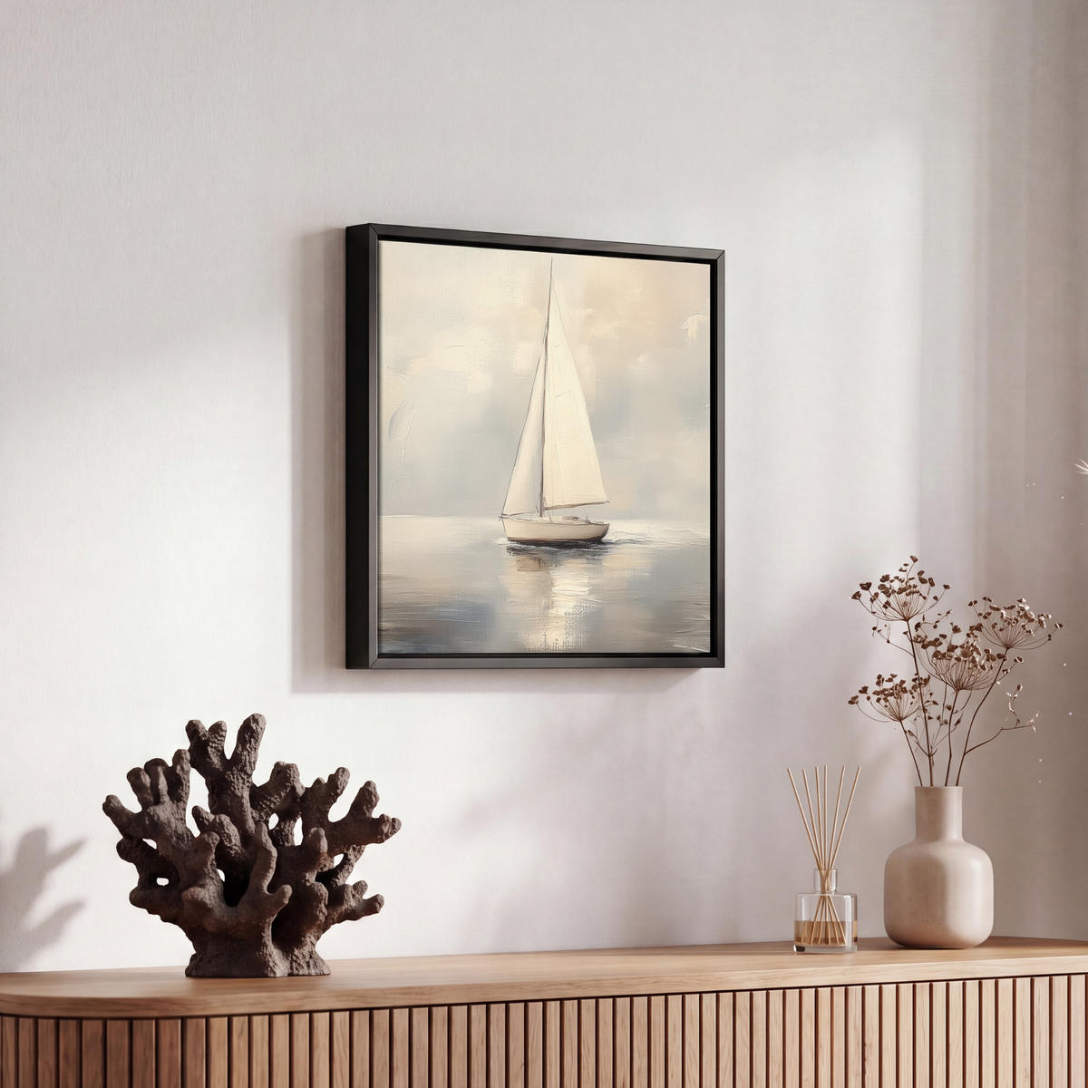 LEINWAND Bilder mit Rahmen - Segelschiff - Meer - Bewölkt - 20x20 - Creme, Textil (20/20cm) - MuchoWow