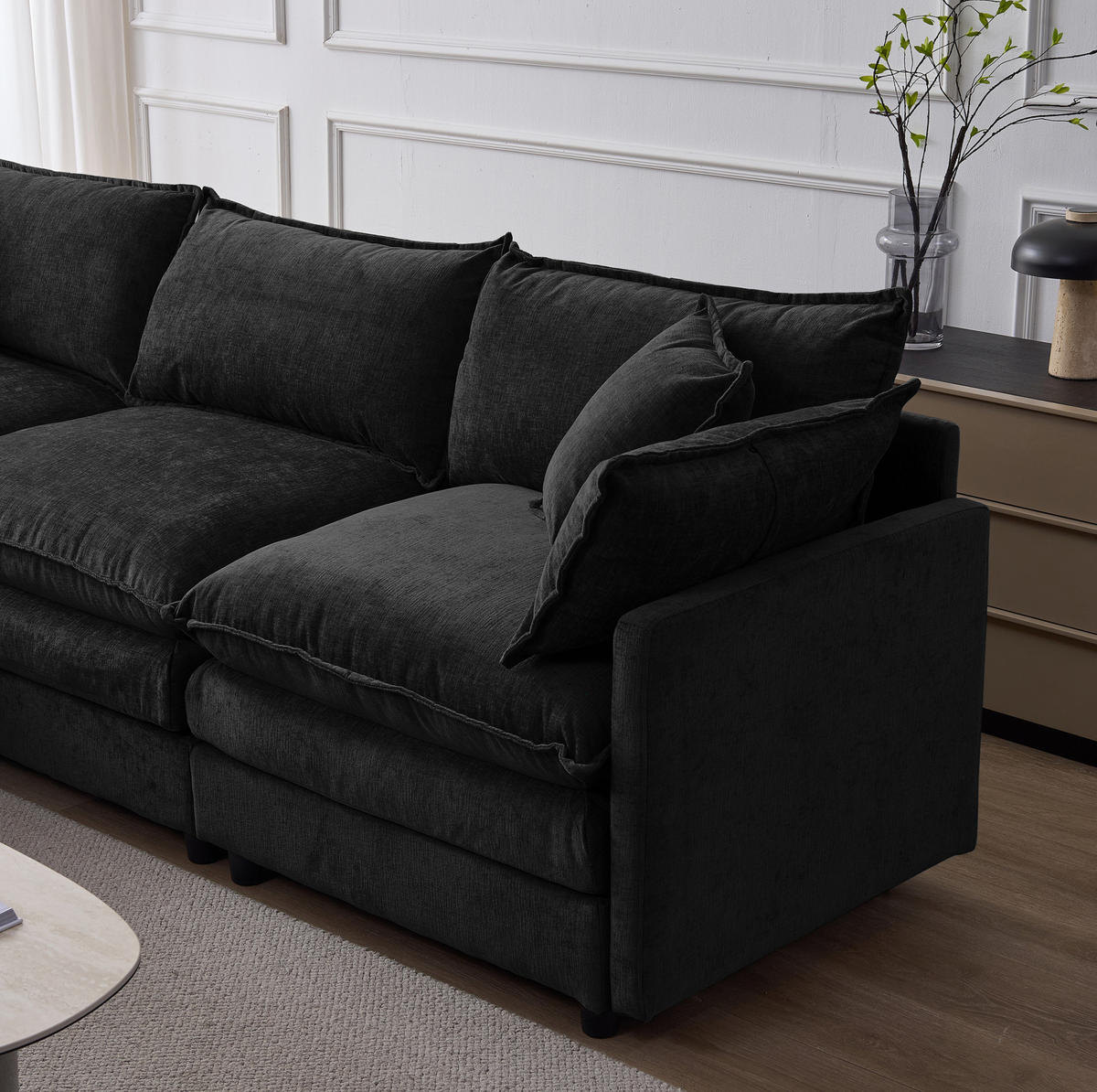 ECKSOFA L-Form 3-Sitzer mit Hocker Chenille Schwarz - Schwarz, Holz (154/267cm) - Meubliv