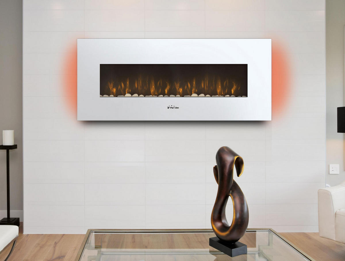 ELEKTROKAMIN Weiß Wandmodell mit Heizung 2000 W - Weiß, Glas (140/56/11cm) - Purline