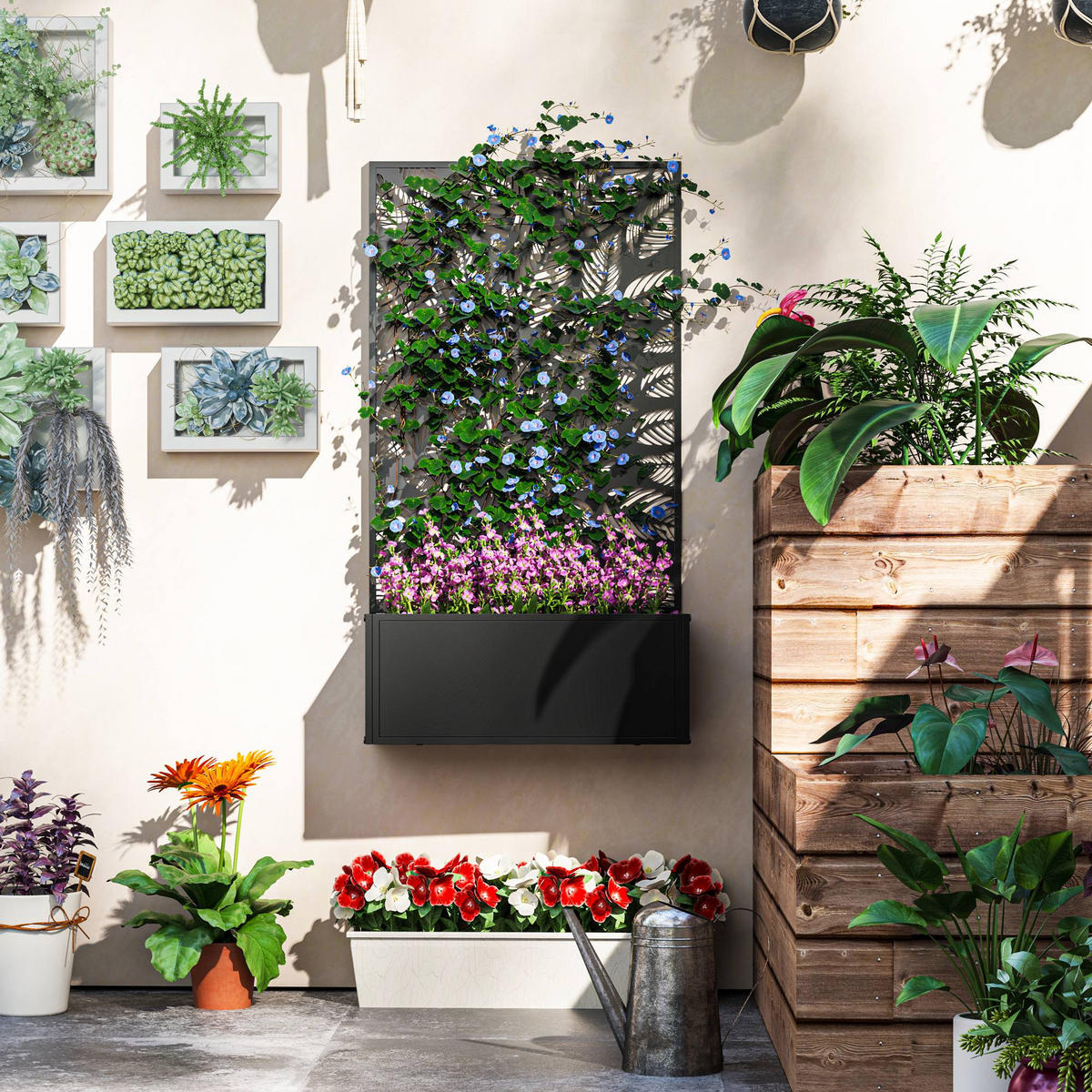 HOCHBEET aus Metall mit Blattmotiv Schwarz - Schwarz, Metall (23/113/61cm) - Outsunny