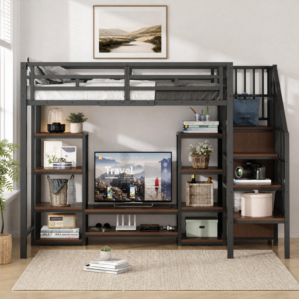 HOCHBETT 90/200 mit TV-Ablage, Steckdose und Stauraumleiter in Schwarz - Schwarz, Holz/Metall (90/200cm) - EVRYAE