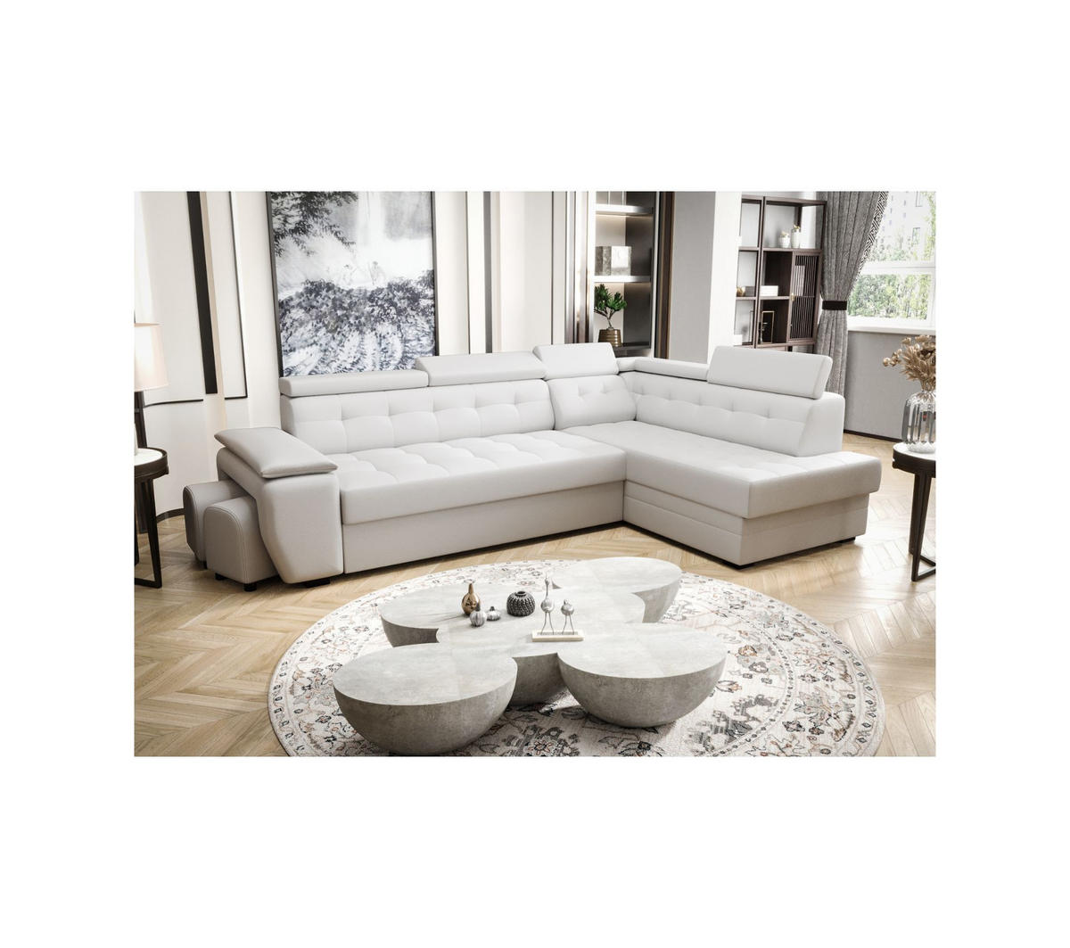 ECKSOFA KONGO RBN15, Eckcouch in L-Form mit Schlaffunktion, Farbe: Weiß, Kunstleder, Ottomane Rechts - Weiß, Textil (277/180cm) - O-Sofa