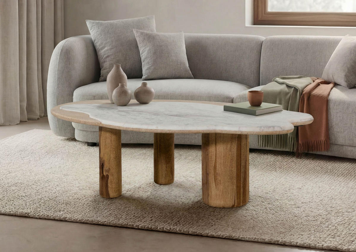 COUCHTISCH Sheesham 120x70x35 natur sandgestrahlt lackiert / Marmor weiß ORGANIC COLLECTION #30 - Braun, Holzwerkstoff (120/70/35cm) - Massivmoebel24