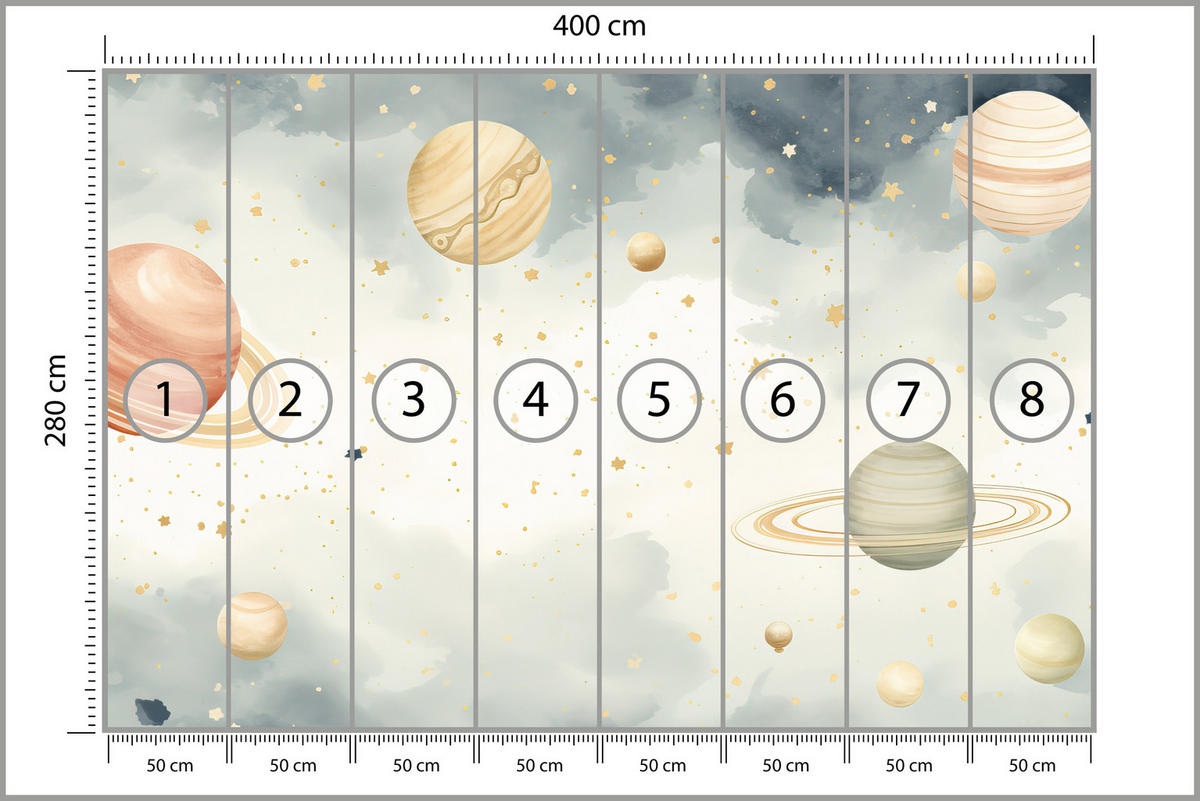 FOTOTAPETE für Kinderzimmer Pastell Planeten Saturn Uran Sterne 400x280 - Blau/Ecru, Papier (400/280cm) - Muralo