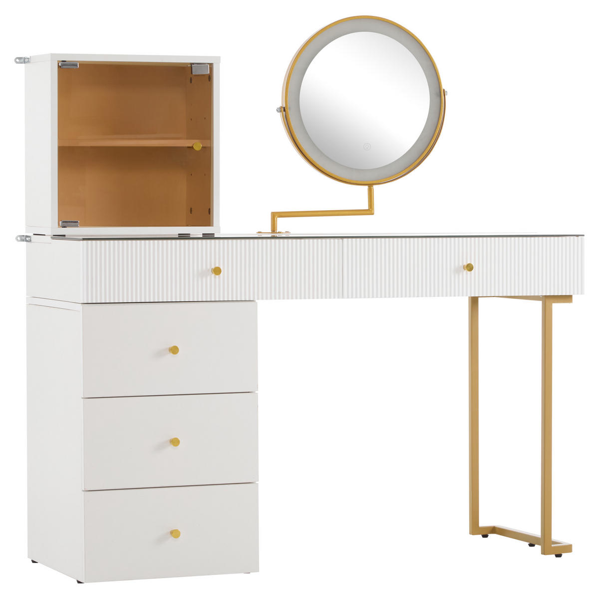 SCHMINKTISCH WEISS mit LED-Spiegel gehärtetem Glas und Schrank 120x45x115 cm - Weiß, Holzwerkstoff (45/115/120cm) - Bomclap