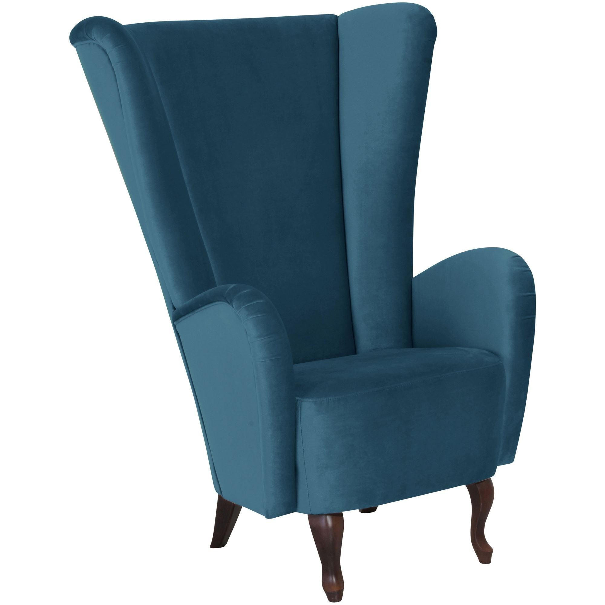 HOCHLEHNSESSEL Kailey Bezug Samtvelours Buche nussbaum dunkel / petrol - Blau, Kunststoff (96/122/89cm) - 58aufmkessel