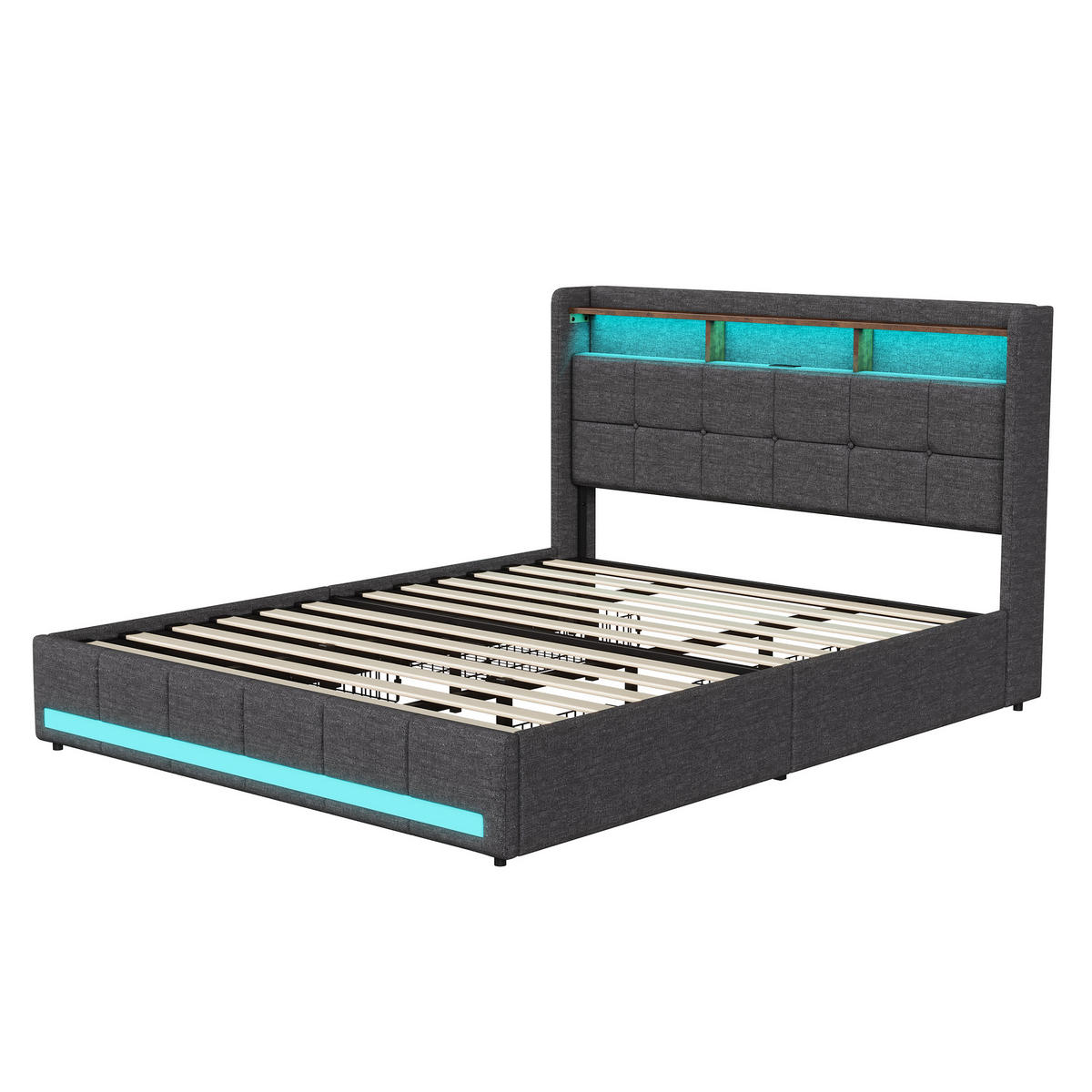 POLSTERBETT 140x200 cm LED USB Schubladen Stauraum grau - Grau, Holz (140/200cm) - LEBENLANG