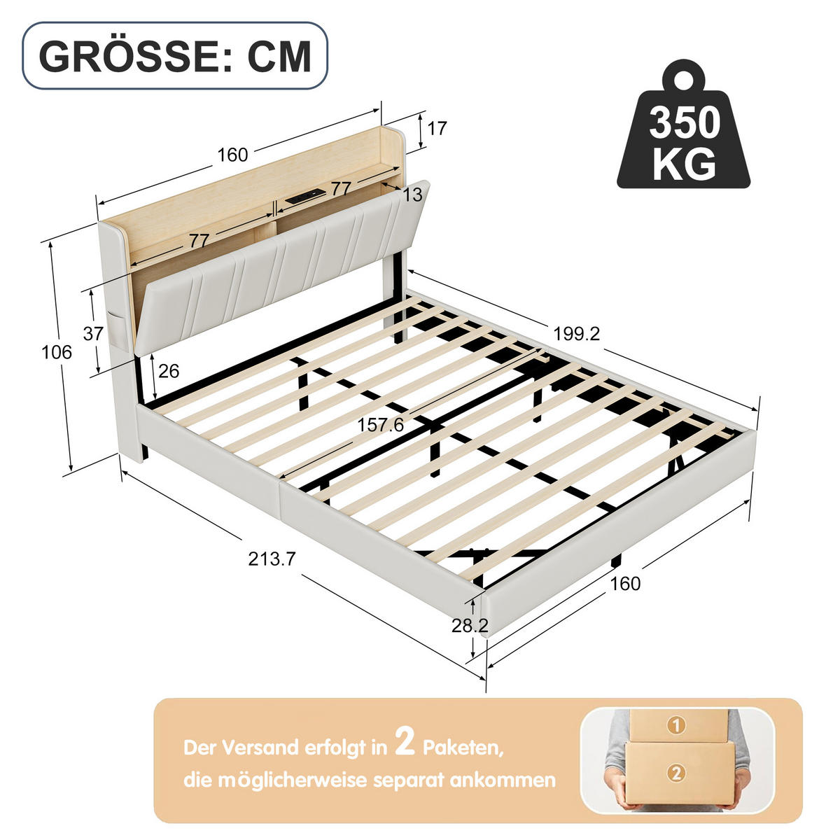 POLSTERBETT 160/200 cm Weiß mit LED-Beleuchtung, Kopfteil mit Ablage, Steckdose und USB-C/USB-Anschluss - Weiß, Metall (160/200cm) - EuroLiving