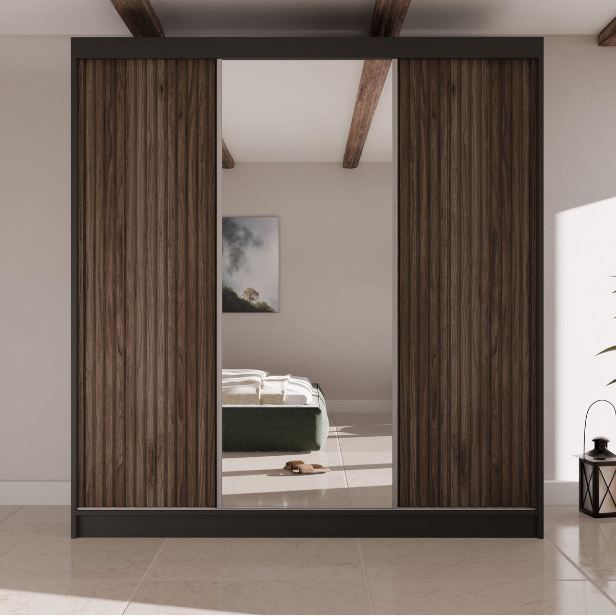 SCHWEBETÜRENSCHRANK Ramos II 200/61/215 schwarz+holzfarben - Eichefarben/Schwarz, Holzwerkstoff (200/215/61cm) - Beautysofa