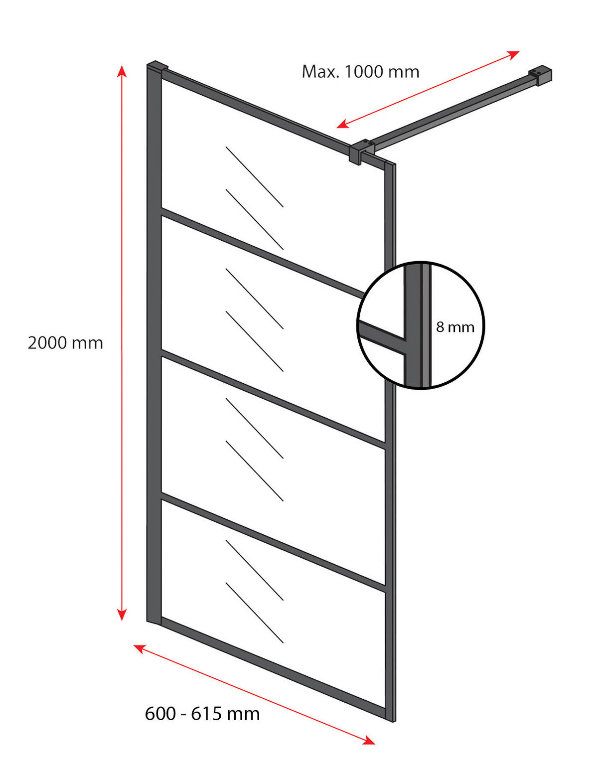 DUSCHWAND Essos - 60 x 200 cm - Schwarz - Walk-In Duschabtrennung aus Rauchglas - Anthrazit/Schwarz, Glas (60/200cm) - Badplaats