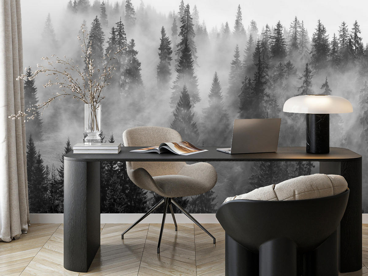 FOTOTAPETA Čierno-biely Les V Hmle Príroda 250 x 175 cm - čierna/sivá, papier (250/175cm) - Muralo