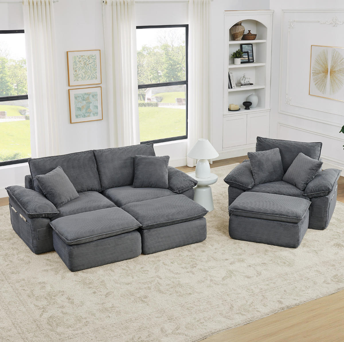 DVOJSEDAČKA světle šedá z látky s modulárním provedením, kapsami a podnožkou - světle šedá, textil (206/65/156cm) - OKWISH