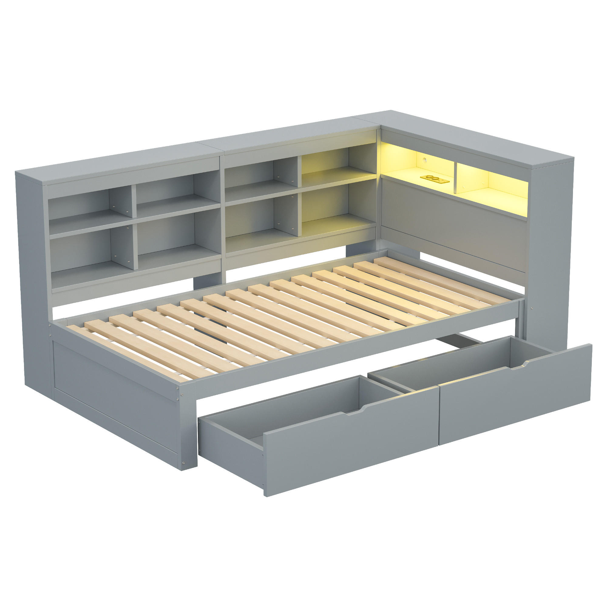 KINDERBETT 90/200 cm DE-01338, in Grau, mit USB, LED und 2 Schubladen - Grau, Holz (90/200cm) - ComfortXL