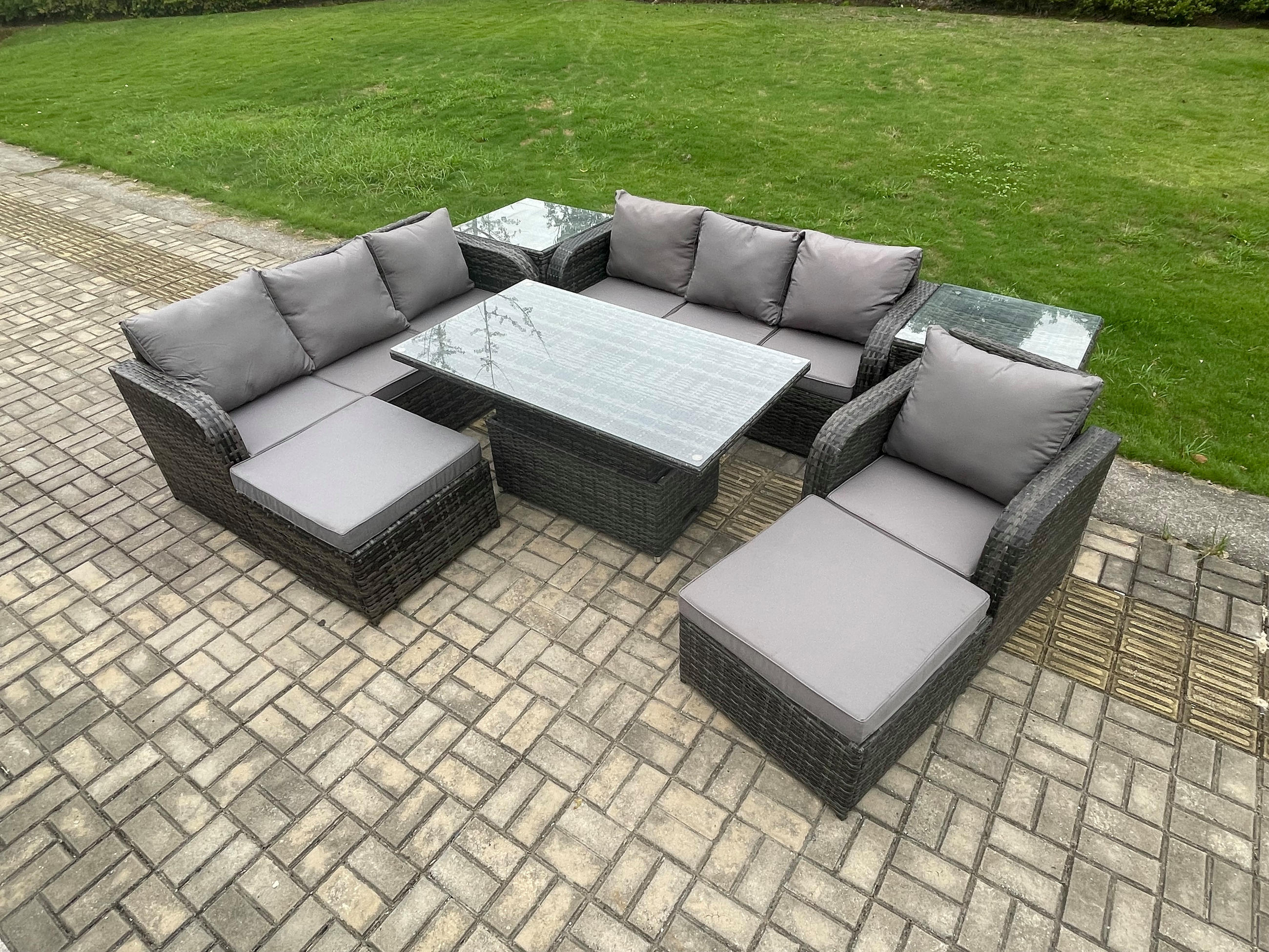GARTENMÖBELSET mit 2 Hockern Höhenverstellbarer Esstisch 9-Sitzer Grau - Dunkelgrau/Grau, Glas/Kunststoff - Fimous