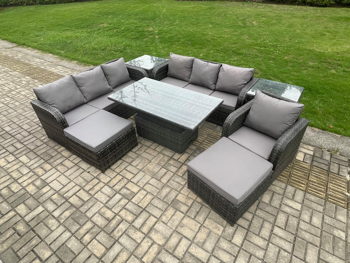GARTENMÖBELSET mit 2 Hockern Höhenverstellbarer Esstisch 9-Sitzer Grau - Dunkelgrau/Grau, Glas/Kunststoff - Fimous