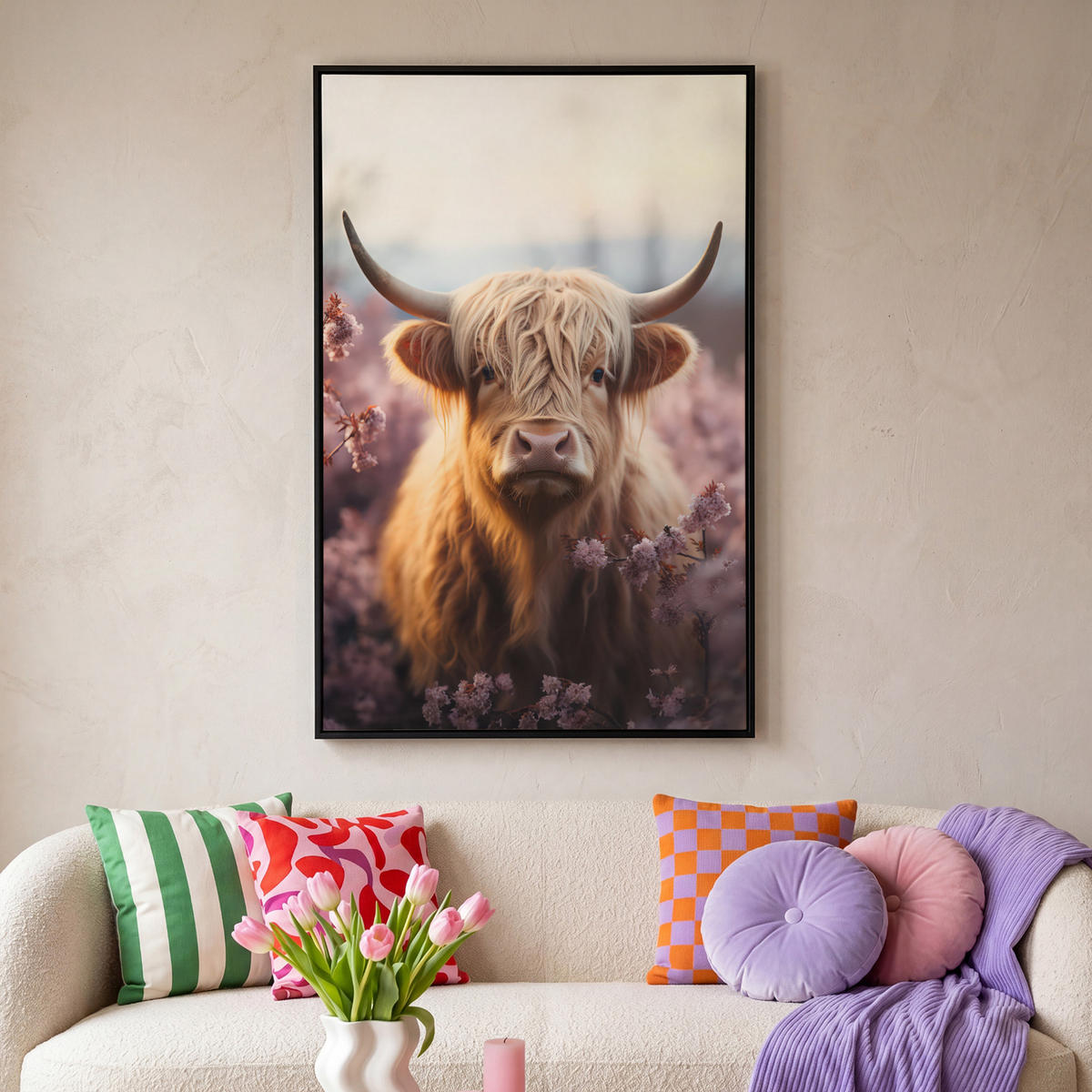 LEINWAND Bilder mit Rahmen - Schottischer Hochländer - Frühling - Hochland - 80x120 - Hellrosa, Textil (80/120cm) - MuchoWow