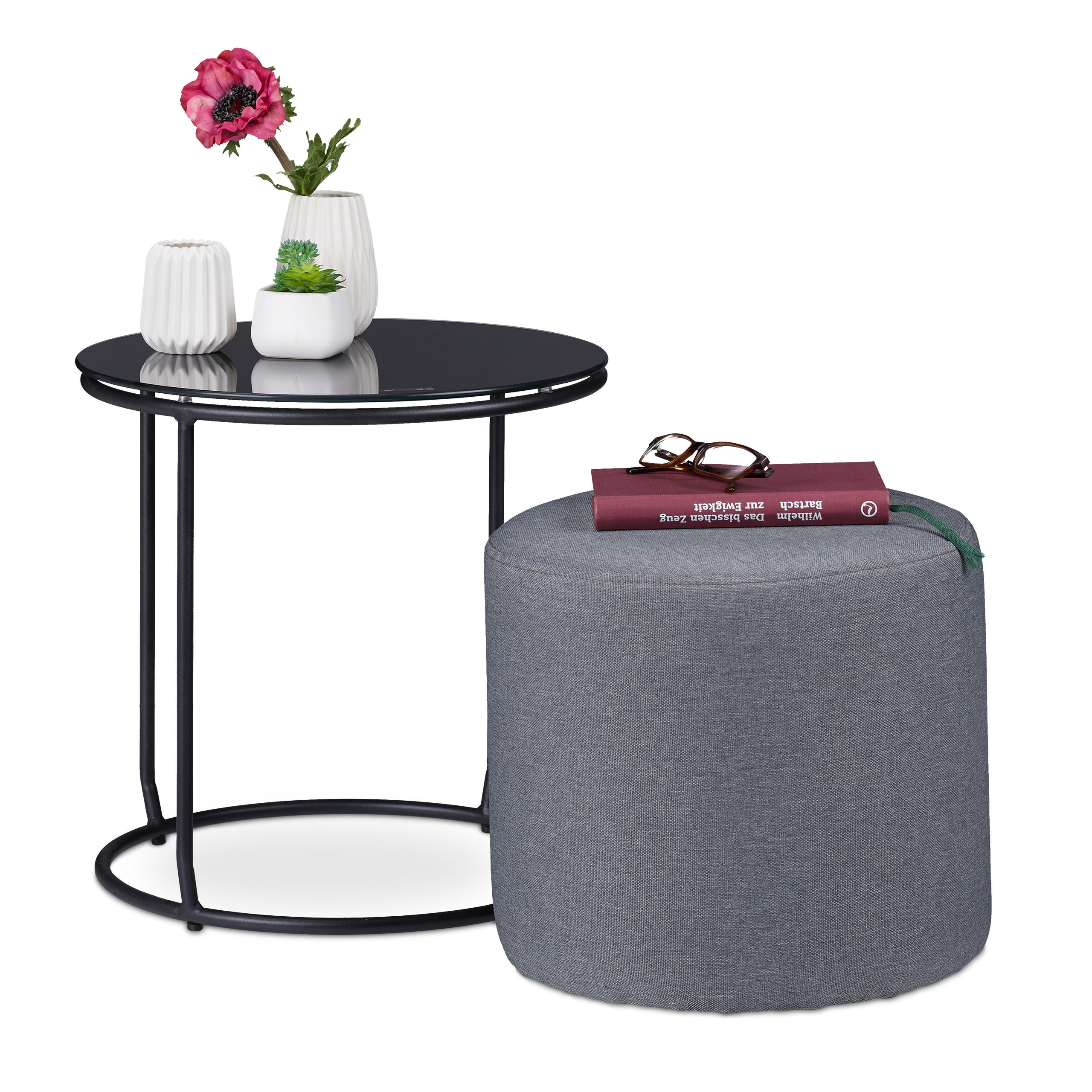 BEISTELLTISCH - Schwarz, Glas/Textil (40/40/40cm) - Relaxdays