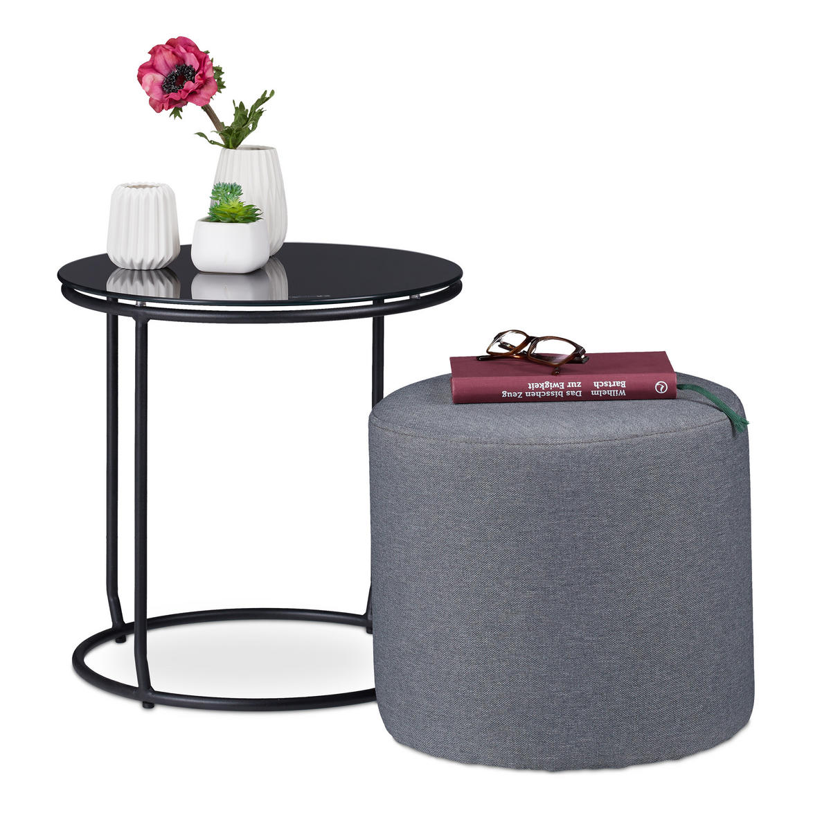 BEISTELLTISCH - Schwarz, Glas/Textil (40/40/40cm) - Relaxdays