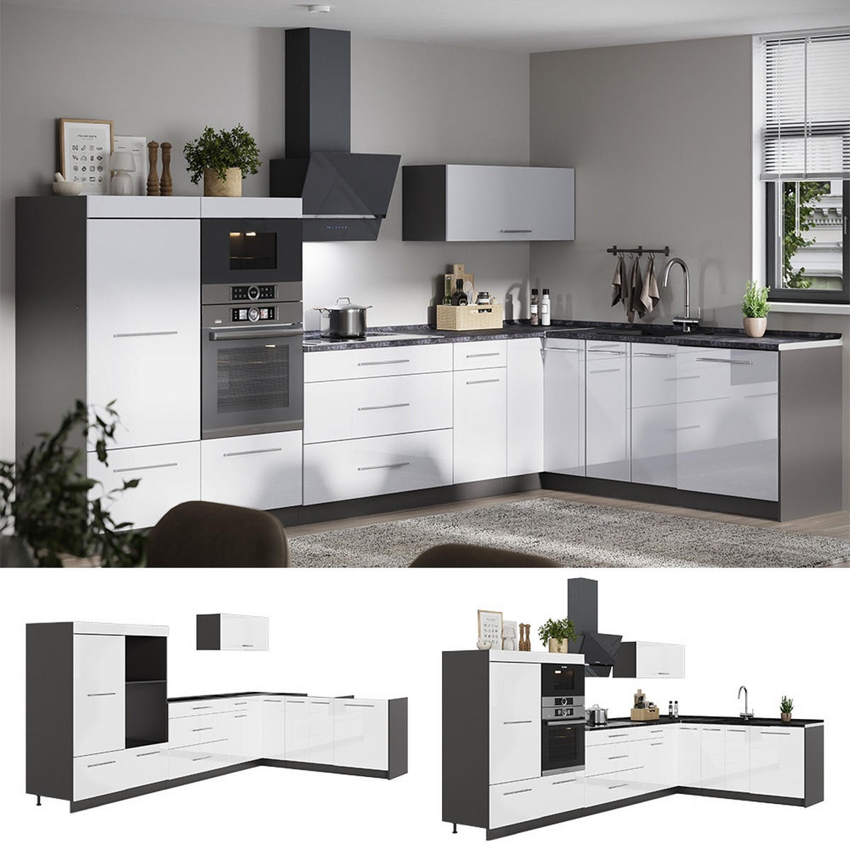KUHINJA U OBLIKU SLOVA L Fame-Line, Sjajna Bijela /Antracit, 347 x 207 cm bez radne ploče - bijela visoki sjaj/antracit, drvni materijal (347/153.6/51.6cm) - Vicco