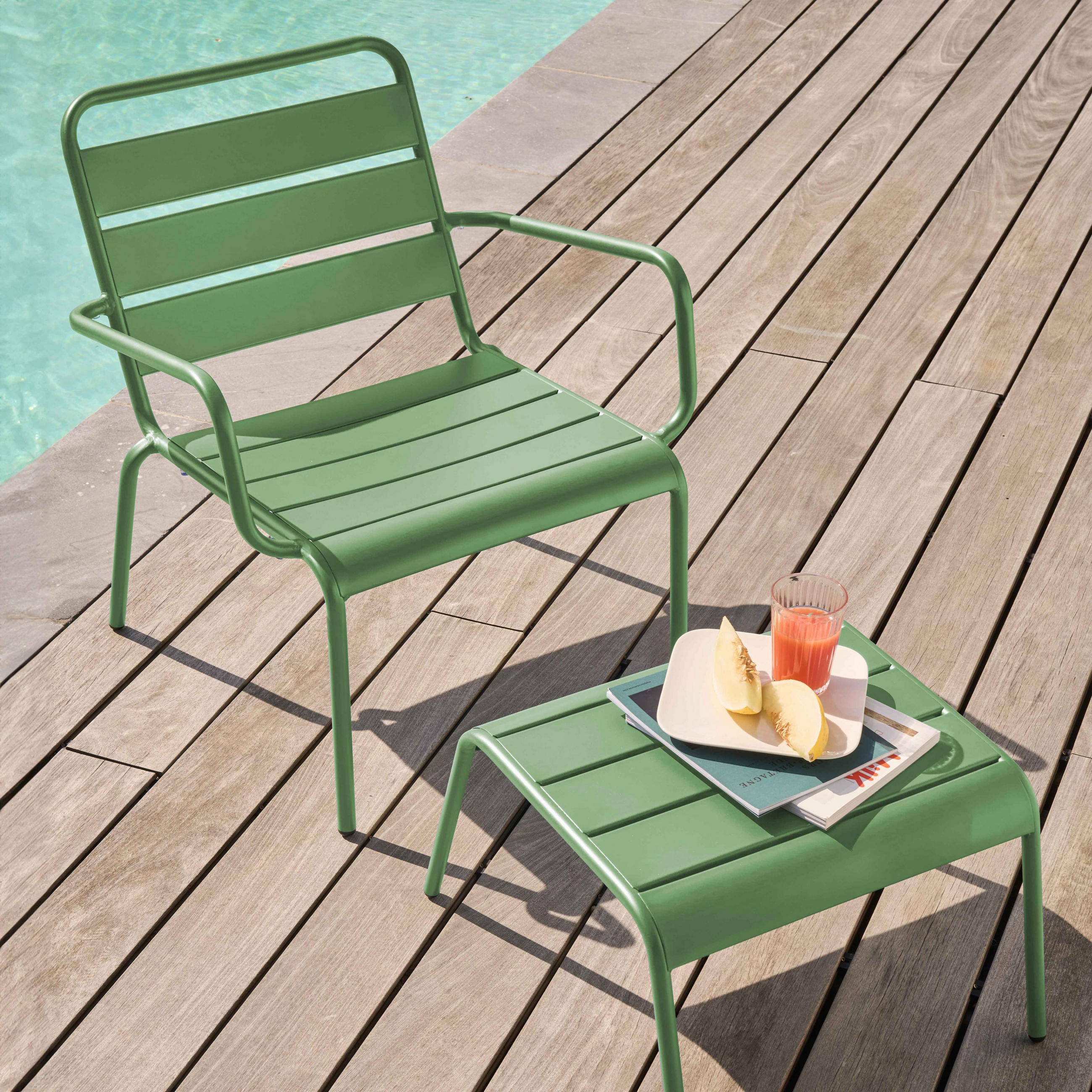 RELAXSESSEL MIT HOCKER, Kaktusgrünen - Grün, Metall (64/72/60cm) - Oviala