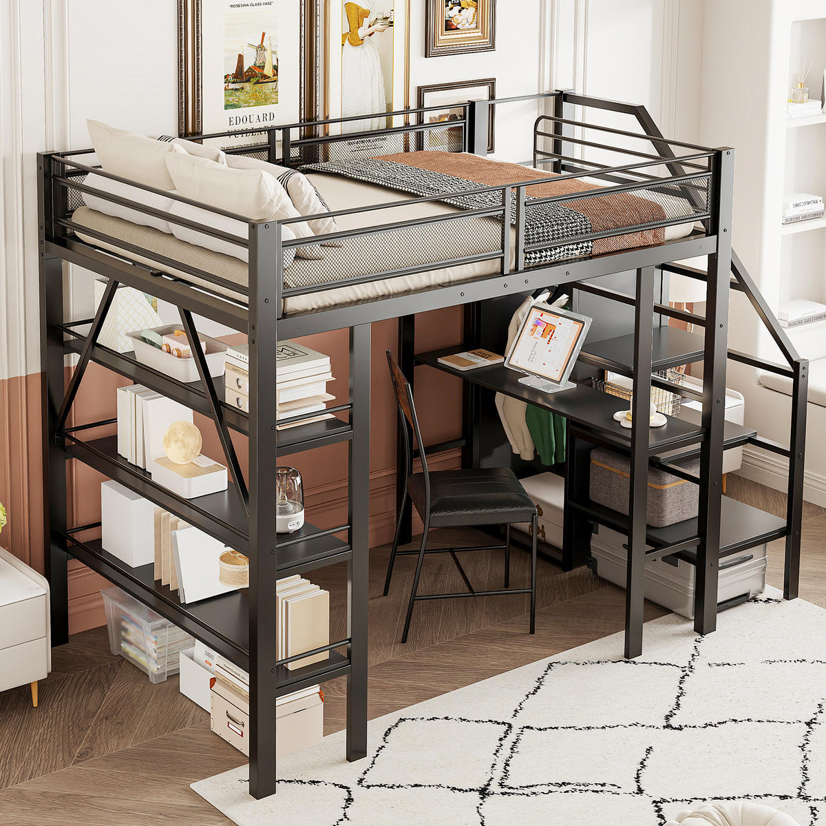 HOCHBETT aus Metall 140x200 cm Schwarz mit Schreibtisch, Kleiderschrank und Stauraumtreppe - Schwarz, Metall (140/200cm) - IVMEU