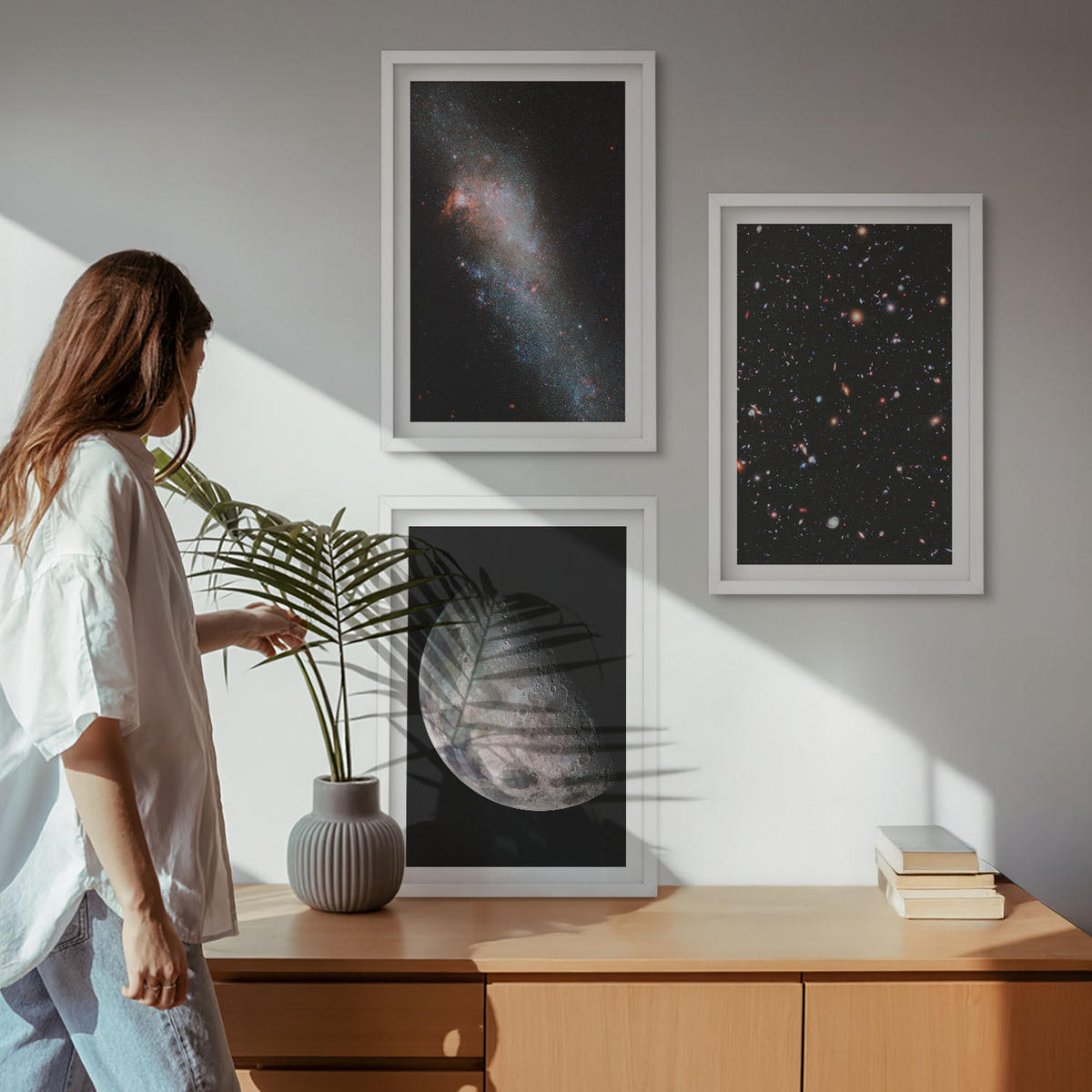 BILDER SET 3er Set - 40x60 cm Weißer Rahmen - Weltraum Galaxien Sterne Mond - Weiß, Kunststoff (40/60cm) - TULUP