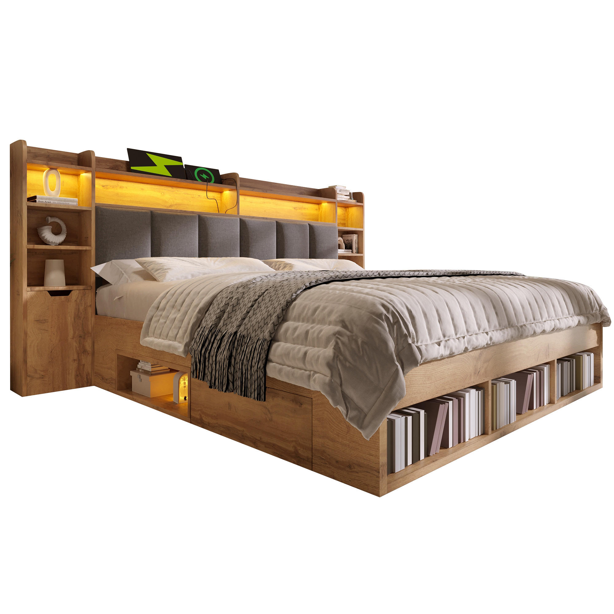 BETTANLAGE 160/200 cm in Eichefarben mit Rollschubladen, LED und USB - Eichefarben/Grau, Holzwerkstoff/Textil (160/200cm) - STILVORA