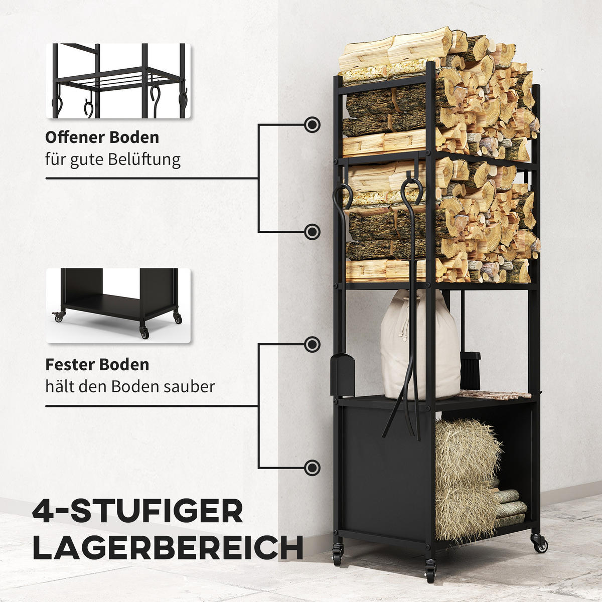 KAMINHOLZREGAL bis 60 kg - Schwarz, Metall (30/118/45cm) - Outsunny