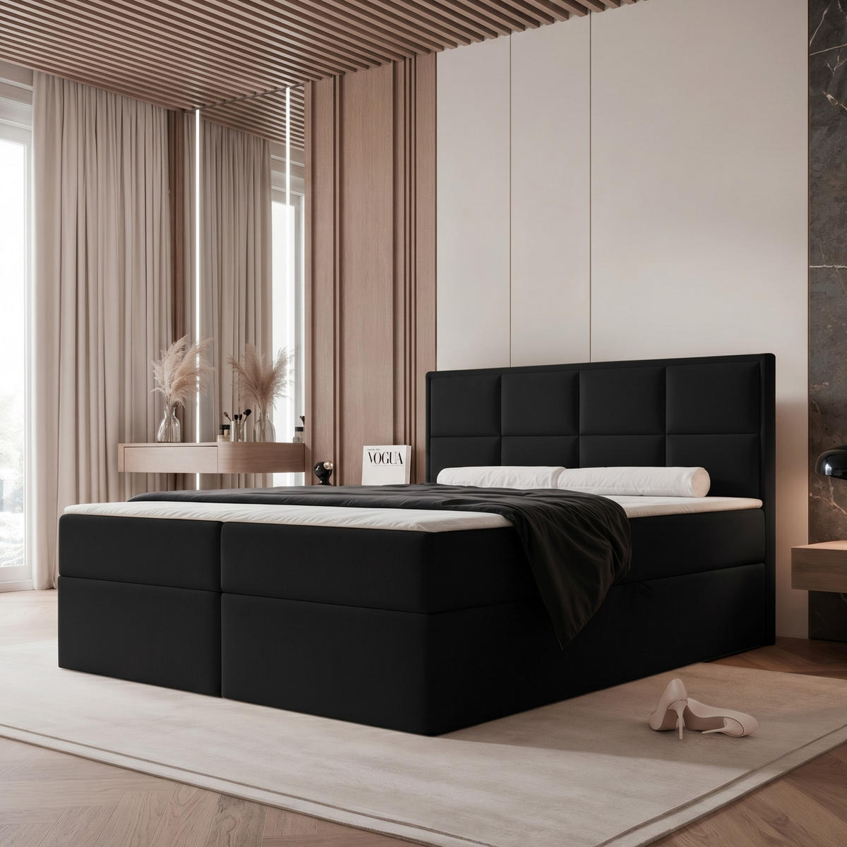 BOXBETT TIOLI 140x200 cm Schwarz (Stoff Magic Velvet) - mit Bettkasten, Bonellmatratze und Paneel-Kopfteil - Schwarz, Holzwerkstoff/Textil (140/200cm) - Ravio