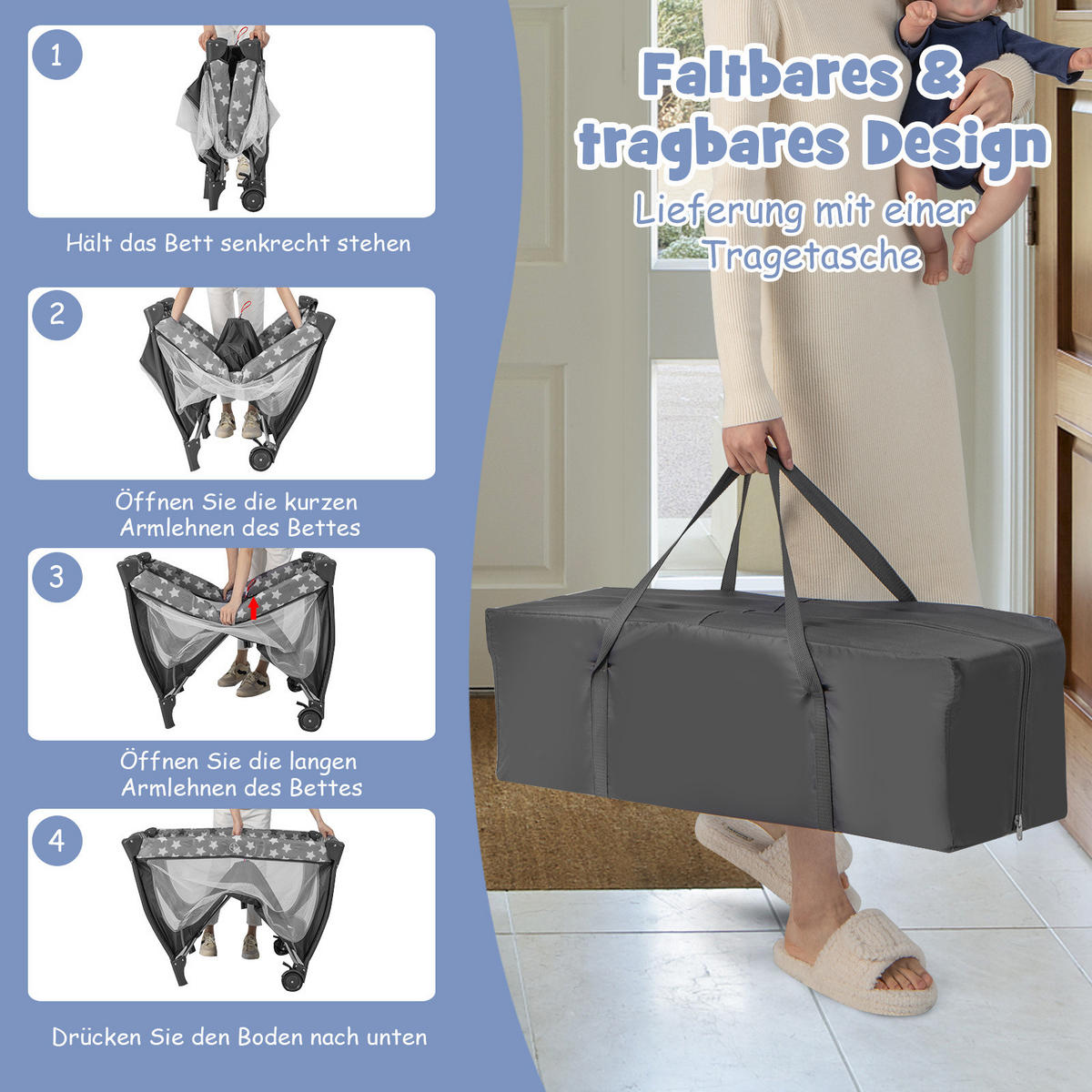 BABYBETT Grau - Grau, Textil - COSTWAY