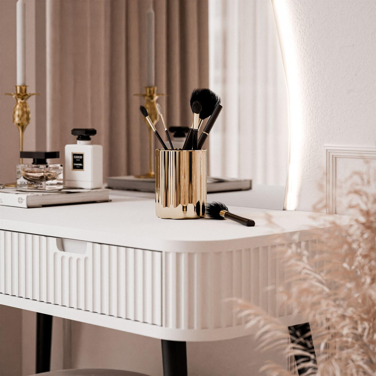 SCHMINKTISCH ZAIRA-QS mit LED Spiegel Rechte Weiß - Weiß, Holzwerkstoff (103/80/49cm) - Lookway